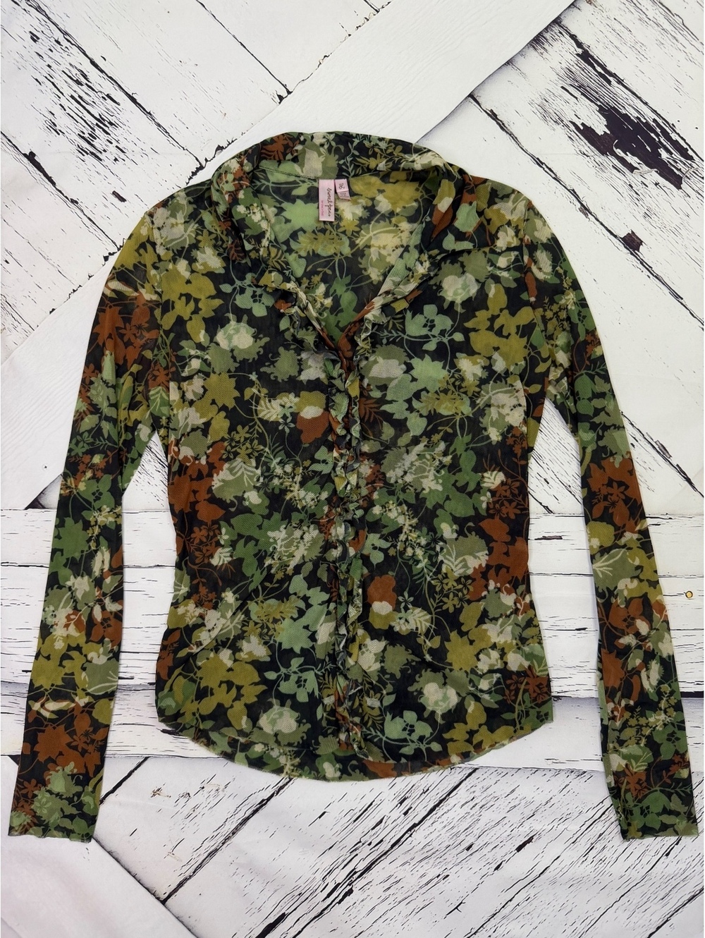 Vintage Sweet Pea Sheer Mesh Green Floral Ruffle Blouse Y2K Women’s Large